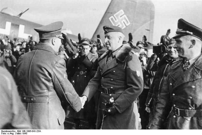 Adolf Hitler shakes hands with General von Manstein in Saporoschje's airfield, Ukraine